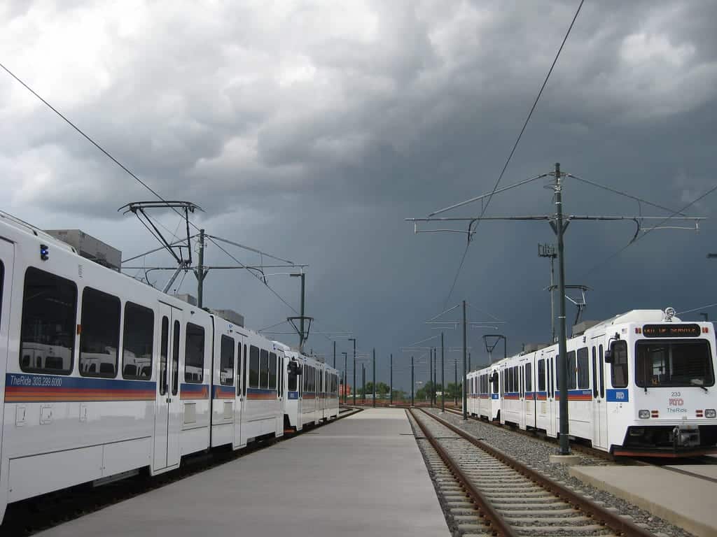 Electric train station with power lines